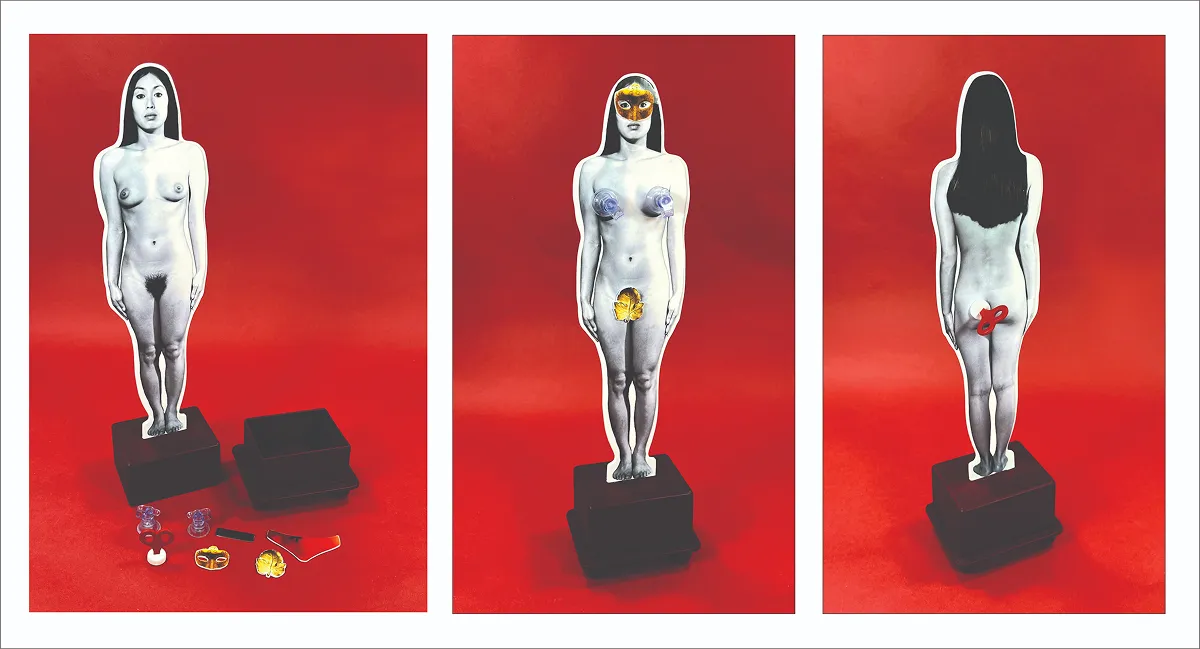 Three panels show a white statue of a woman with a golden object, on a black base, against a red background.