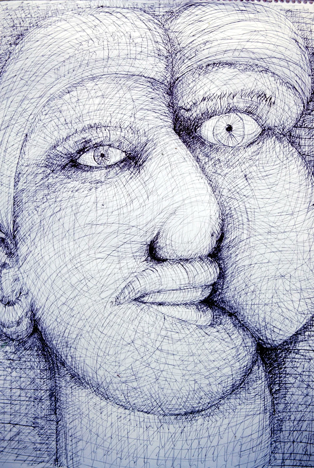 Abstract pen drawing of two faces closely intertwined.