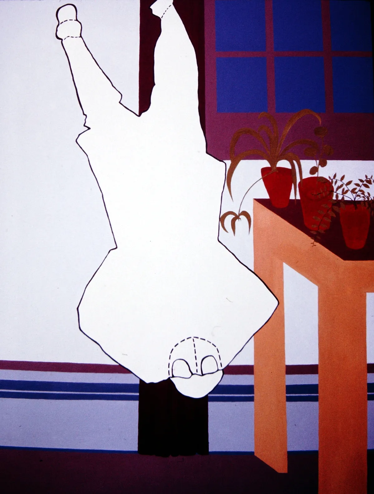 A white cartoon cat hanging upside down indoors.