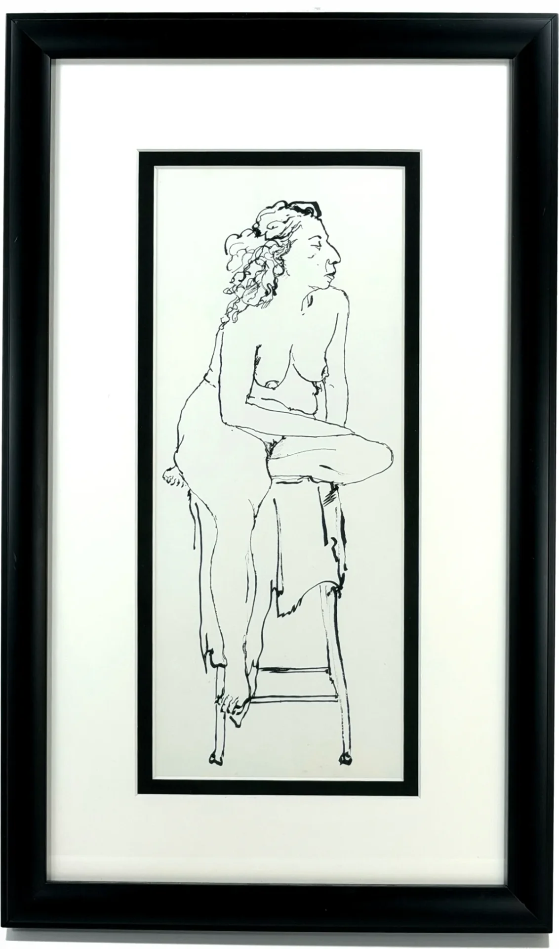 Minimalist line drawing of a woman sitting on a stool.