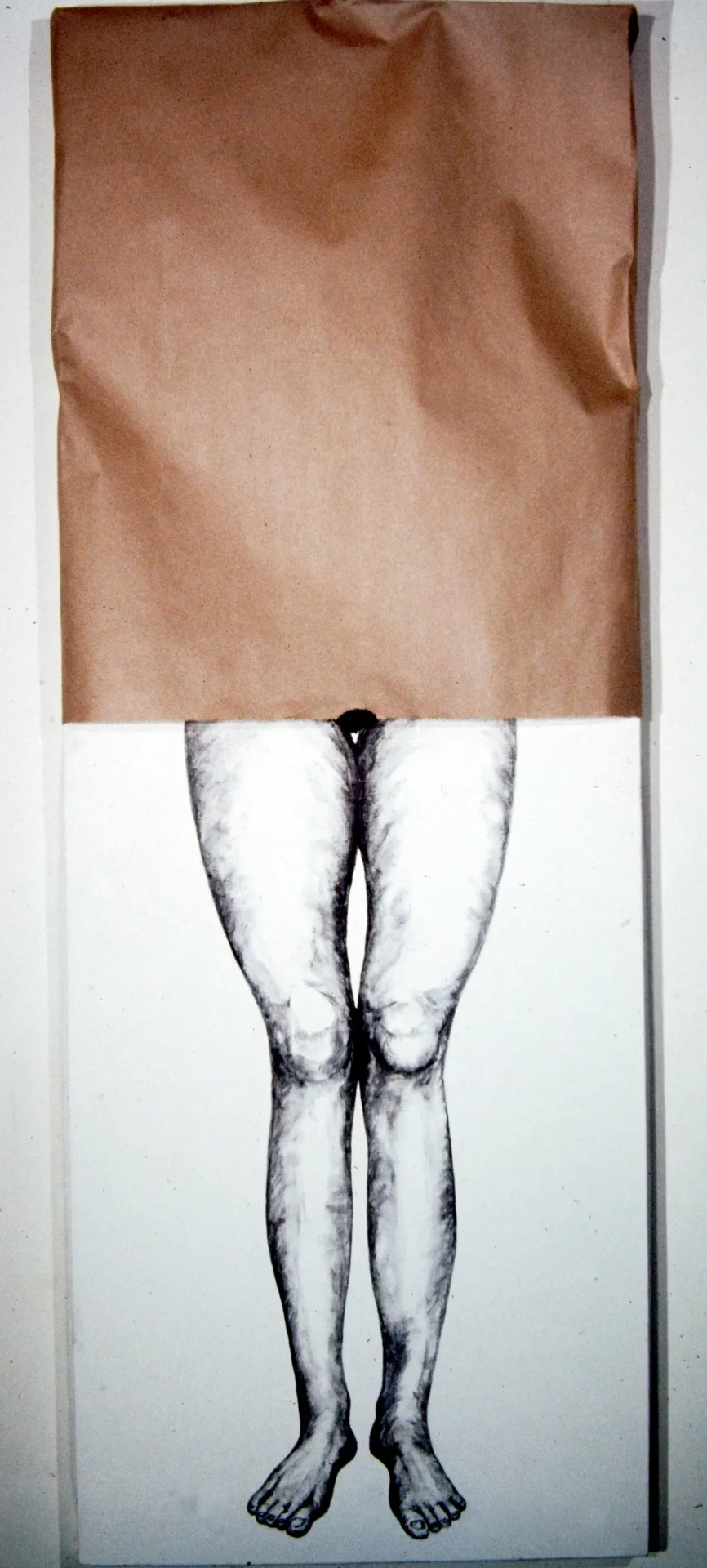 Artistic image blending a paper bag with a drawing of human legs.
