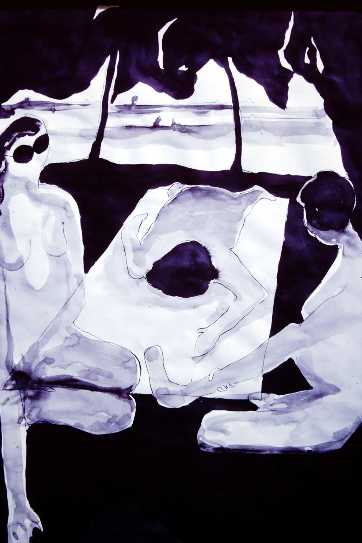 Abstract black and white painting with human-like figures in expressive poses.