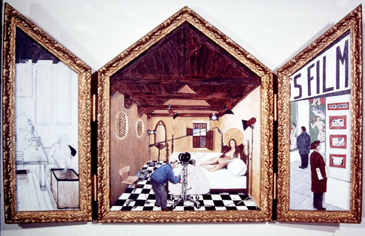 Triptych artwork depicting a vintage interior scene with people engaged in household activities.