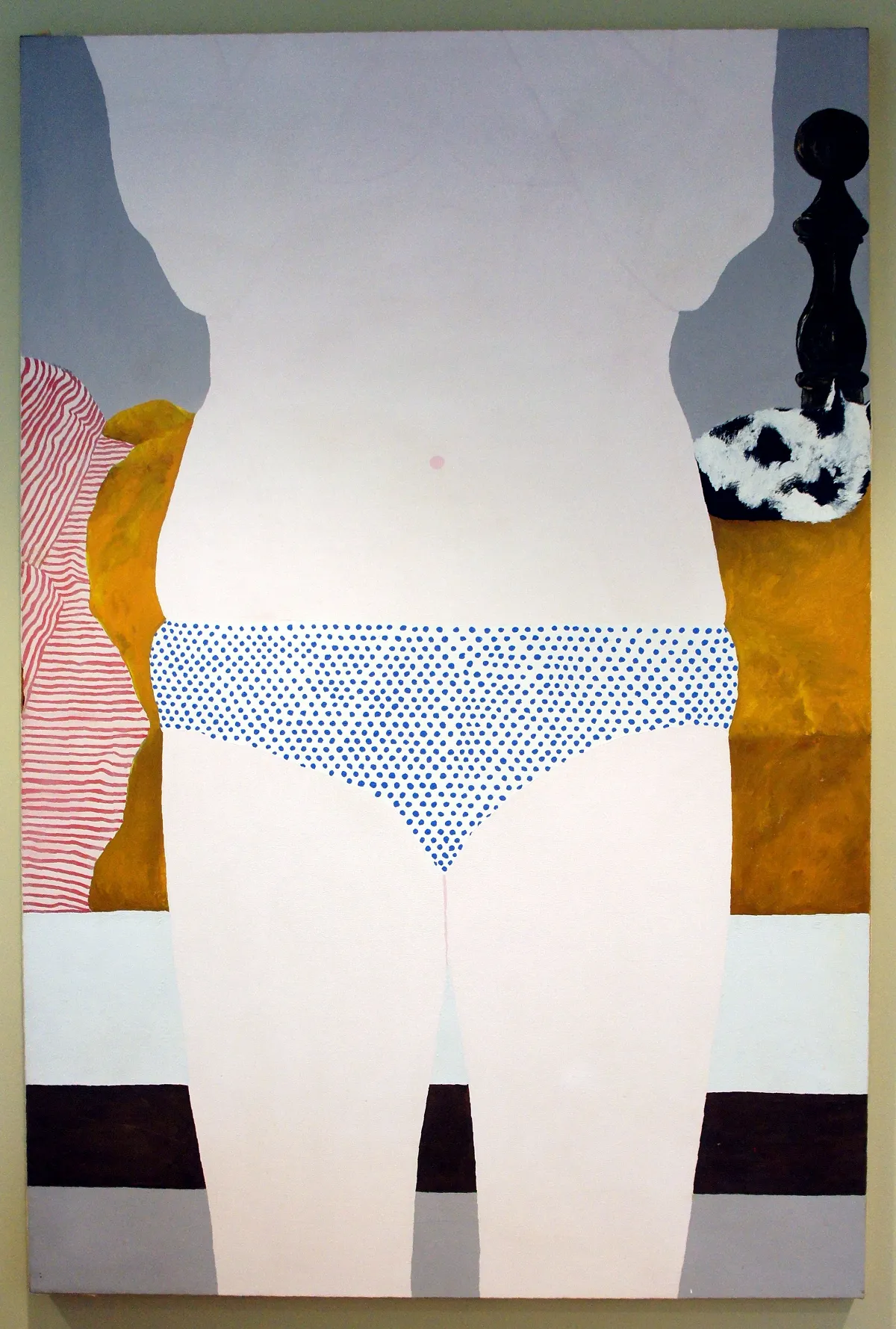 Minimalist artwork of a woman in patterned underwear against colorful background.