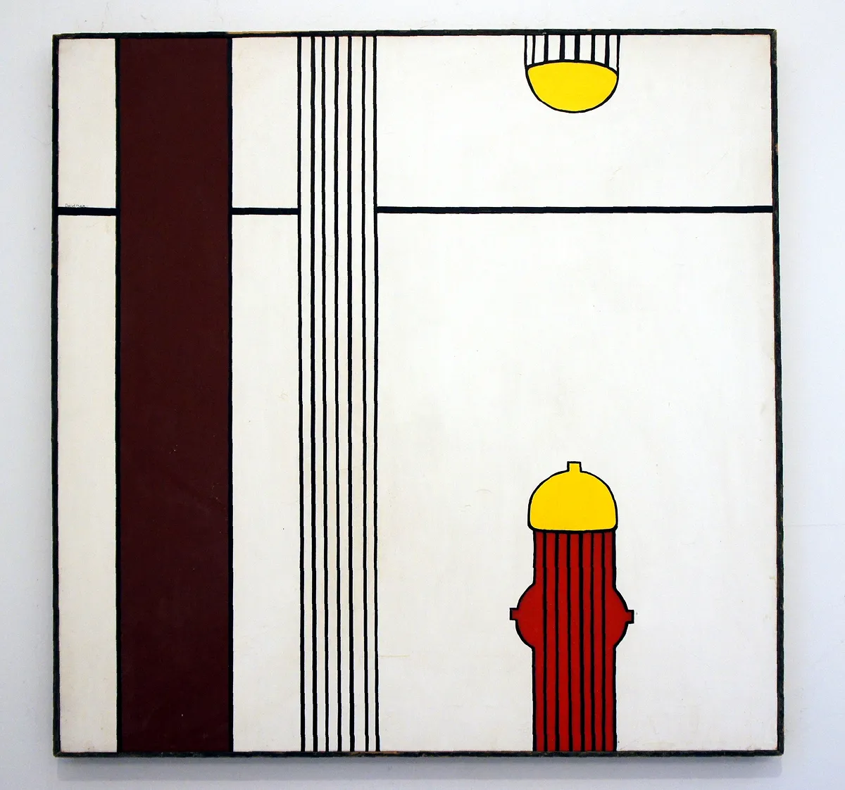 Abstract geometric painting with vertical lines and circular yellow shapes.