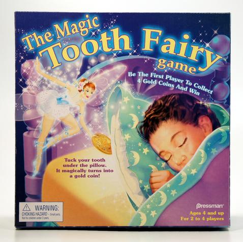 Box cover for The Magic Tooth Fairy game with a sleeping child and a fairy.