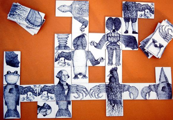 Puzzle pieces with intricate blue ink sketches on an orange background.
