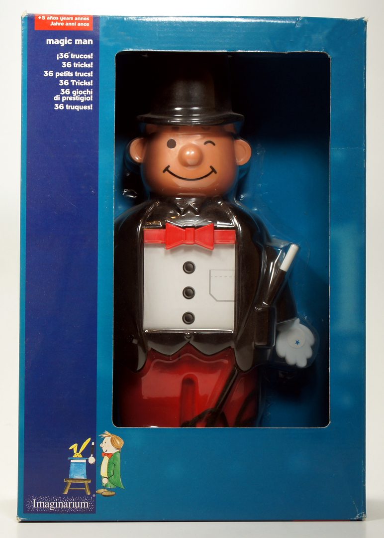 A chimney sweep nutcracker dressed in traditional attire inside a blue box.