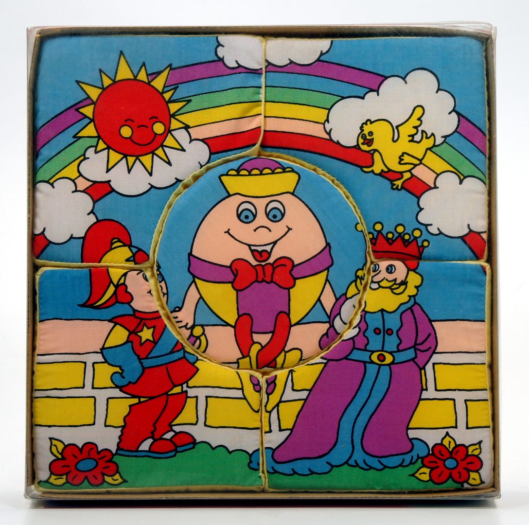 Colorful medieval puzzle scene with a baby, sun, and two characters.