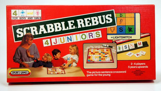 Scrabble Rebus Juniors game box with children playing.