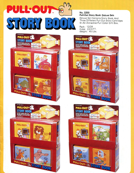 Four red book display stands showcasing Disney storybooks.