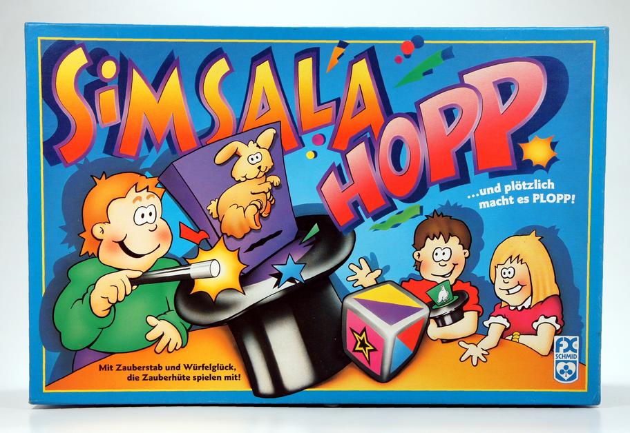 Colorful board game box titled 'Zimsala Hopp!' with cartoon kids playing.