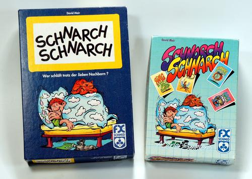 Two versions of the game 'Schnarch Schnarch' with cartoon covers showing a man and woman in bed.