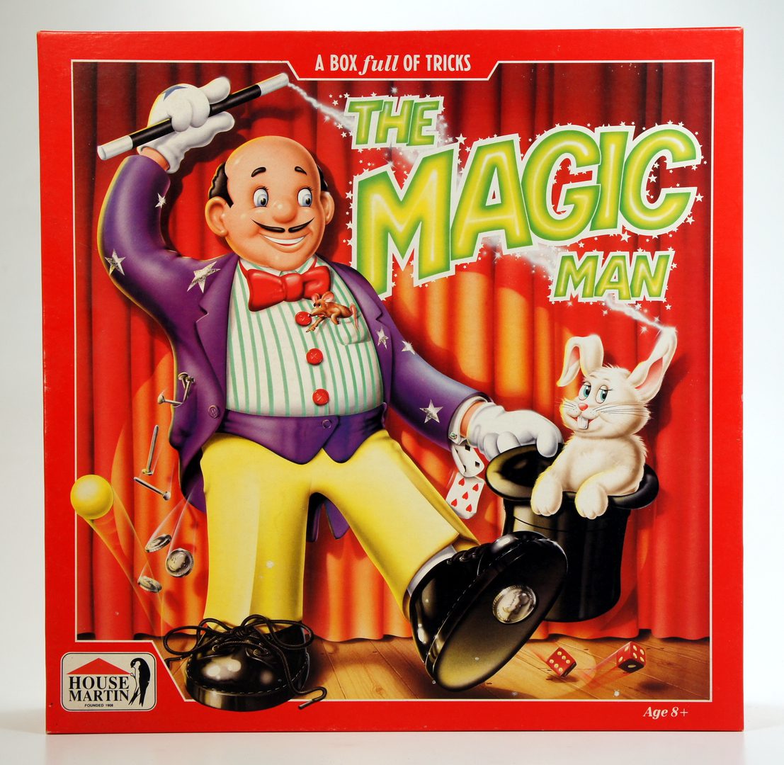 Box cover of the classic game 'The Magic Show' with a magician and a rabbit.