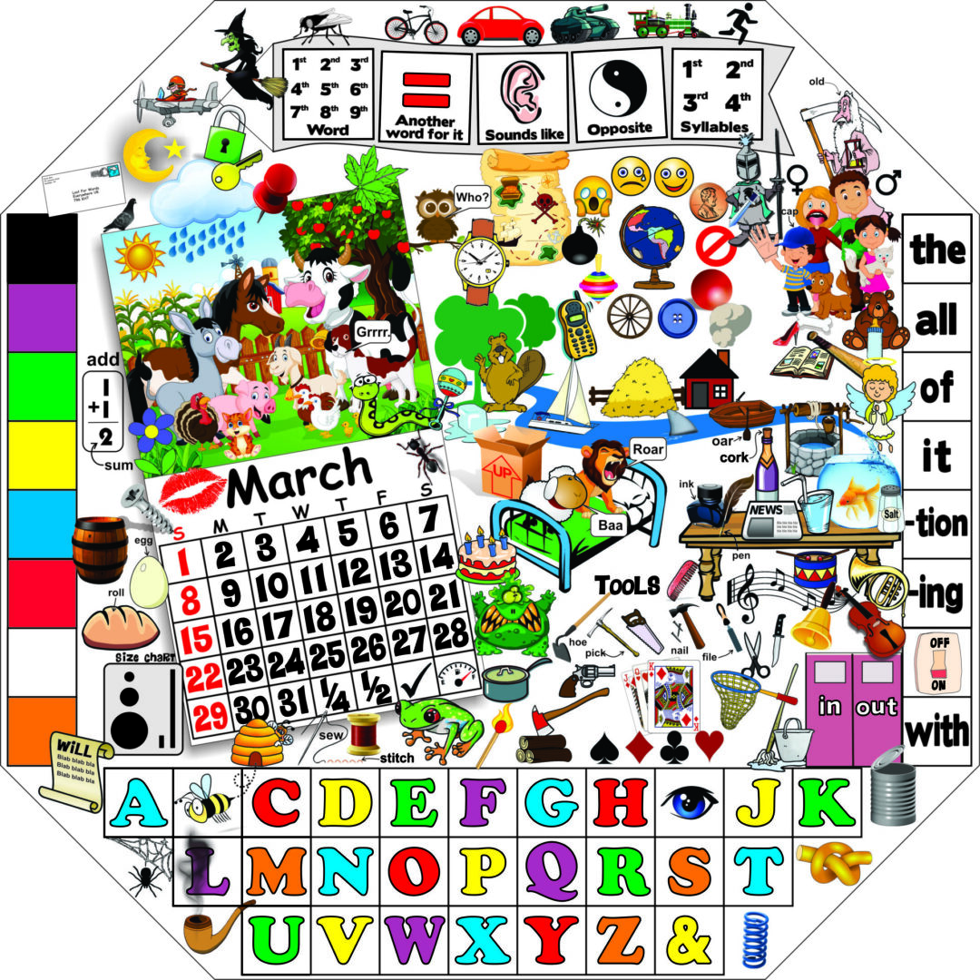 Colorful March calendar with playful illustrations and alphabet blocks.