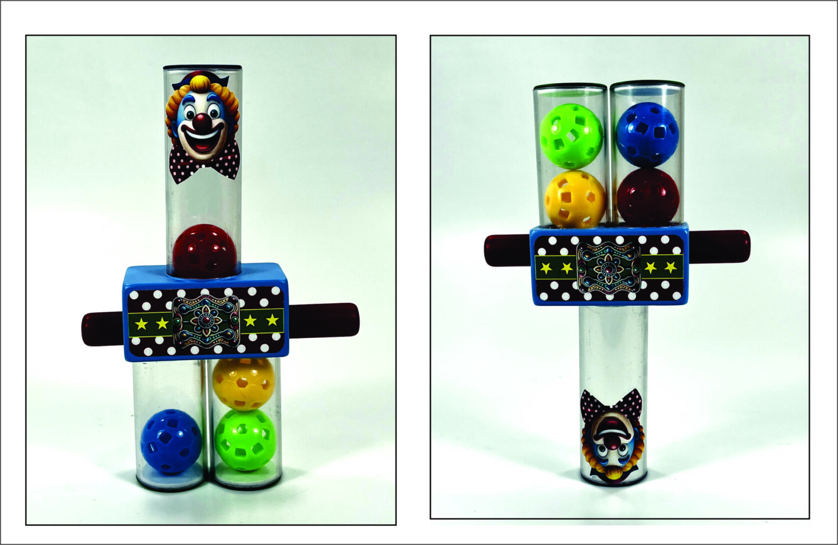 Two images showing a puzzle game with colored balls and a clown design.