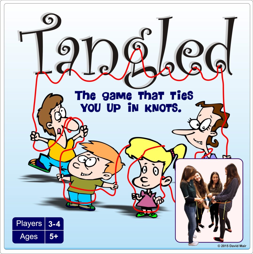 Box cover of Tangled, a knot-tying party game with cartoon characters.