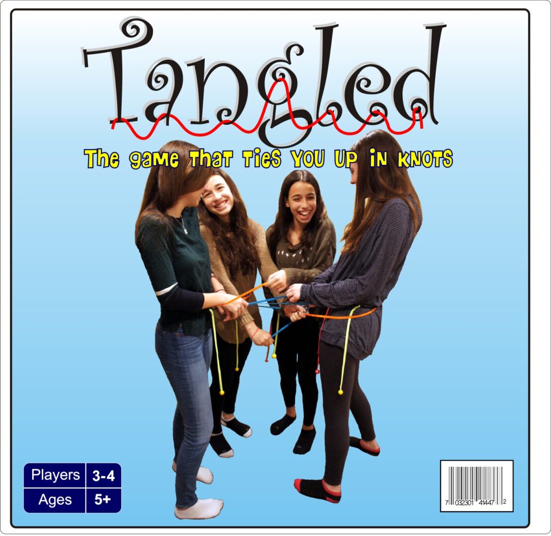 Four women holding hands, posing in front of a 'Tangled' game cover.