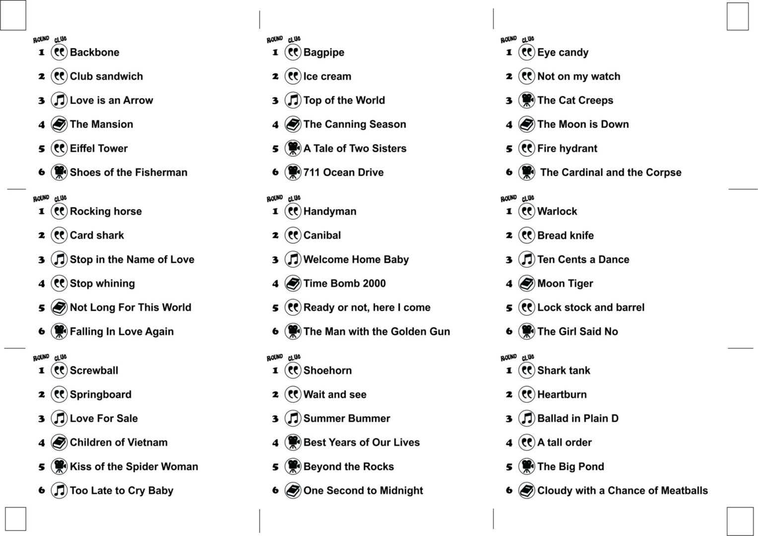 A detailed list of film titles categorized by decades from 1920 to 2010.