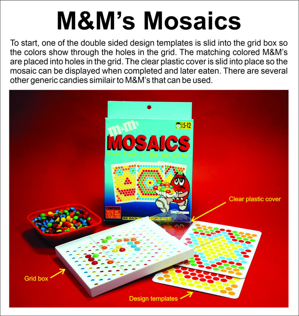 M&M's Mosaics board game with colorful pieces and templates.