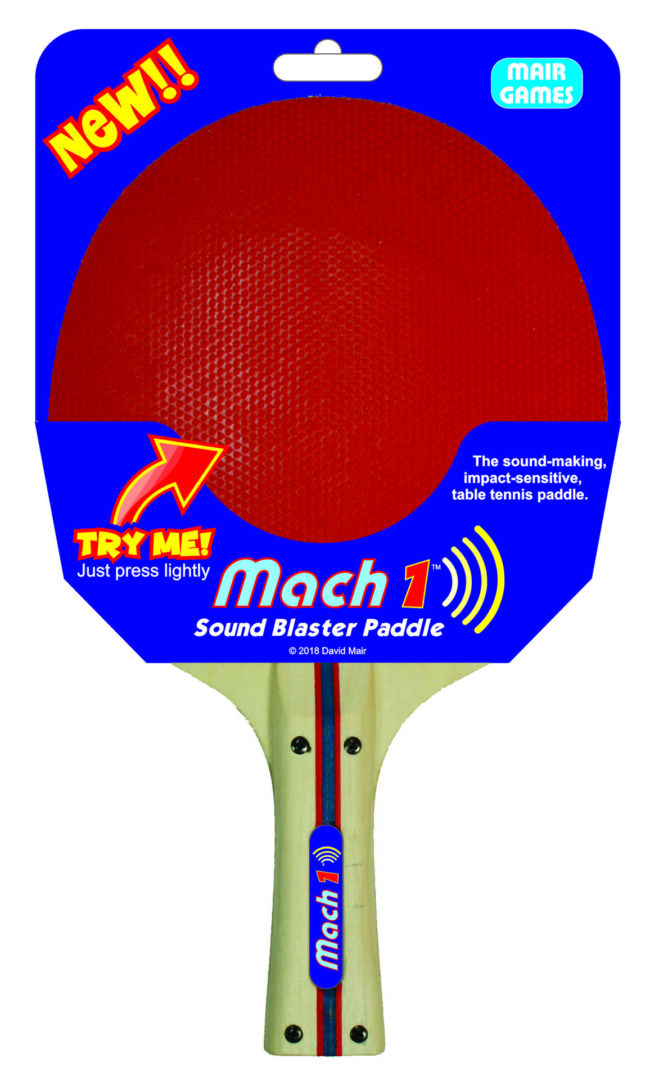 Blue and red Mach 3 ping pong paddle with sound blaster feature.
