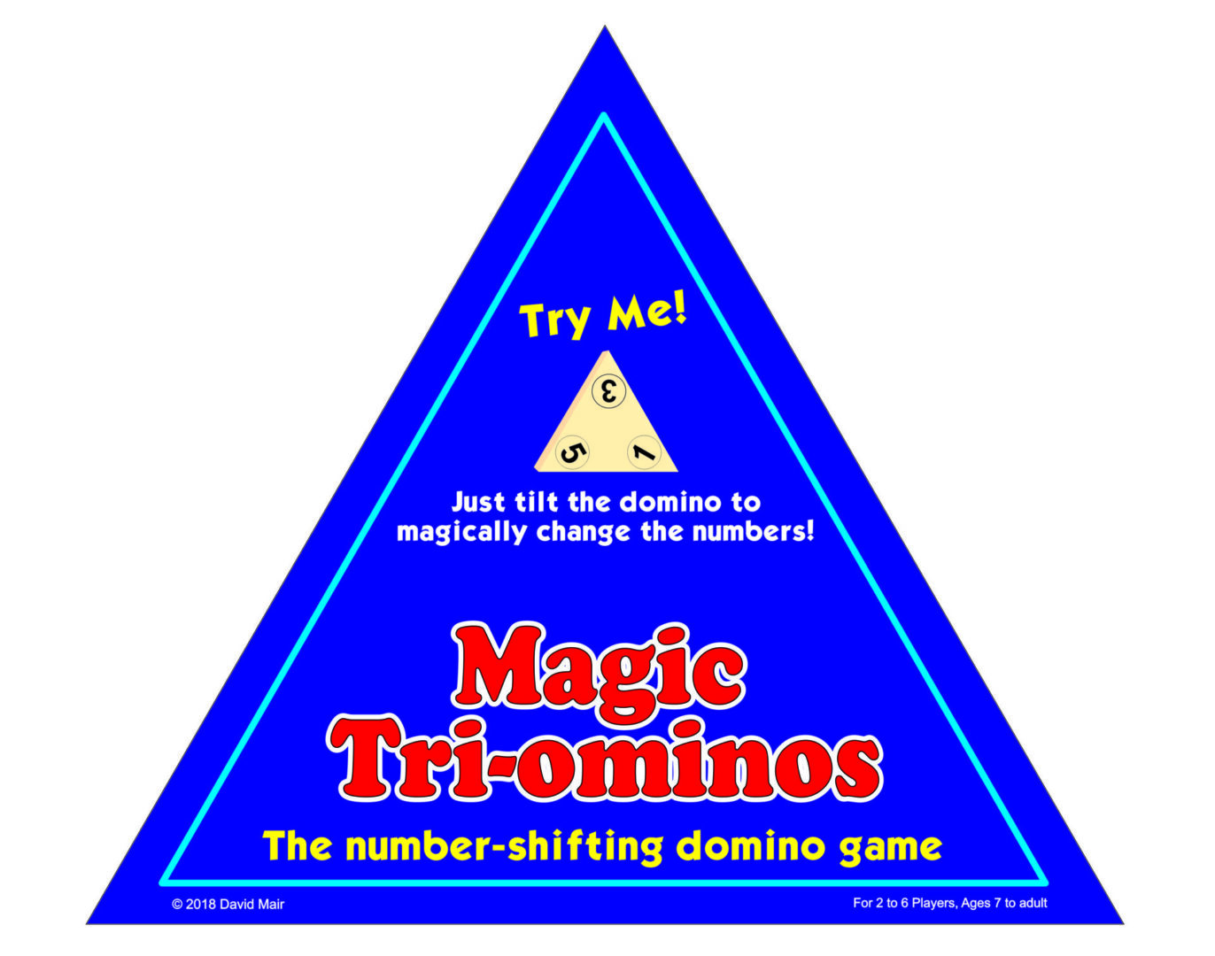 Triangular game packaging for Magic Tri-dominos with instructions.