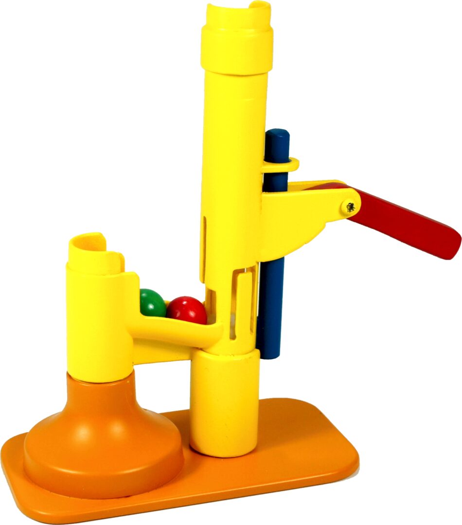 Colorful marble press toy with a lever and balls.