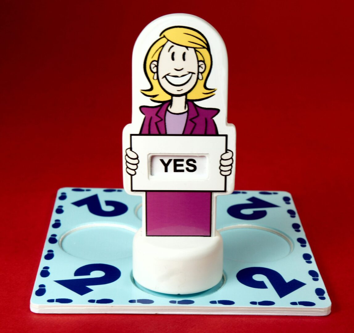 A cartoon woman holding a sign that says 'YES' on a question mark board.