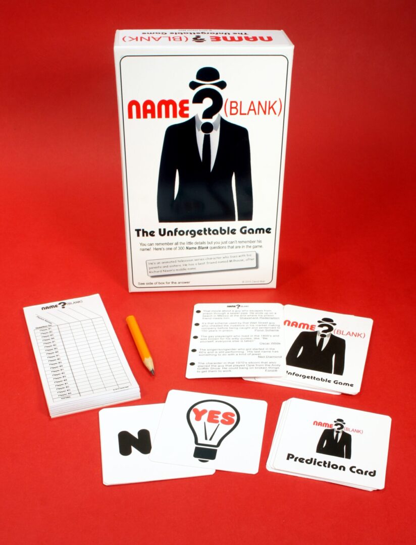A trivia game set named 'Name Blank' with cards and a pencil on a red background.