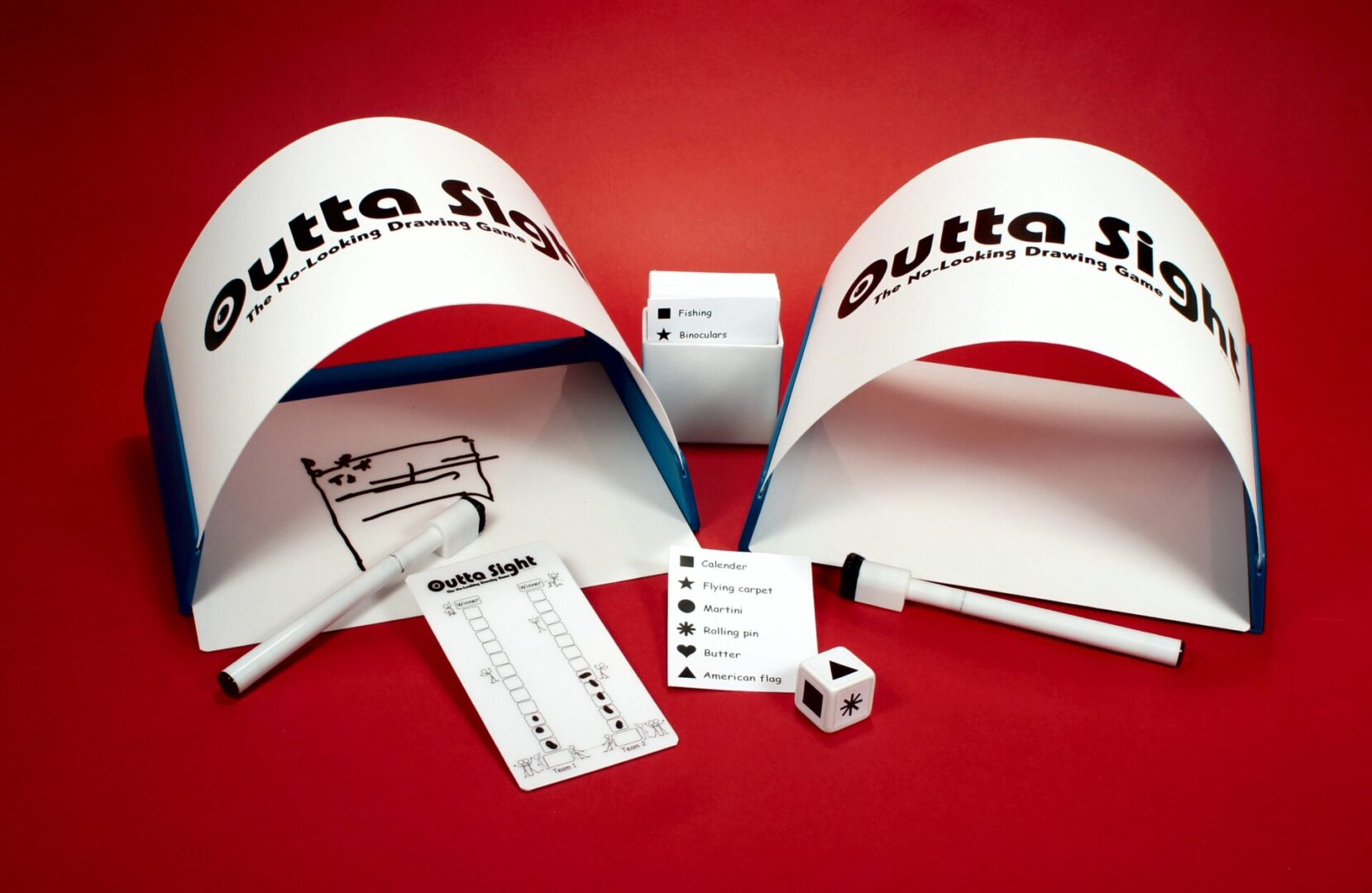 A board game with cards, dice, and curved red and white game pieces on a red surface.