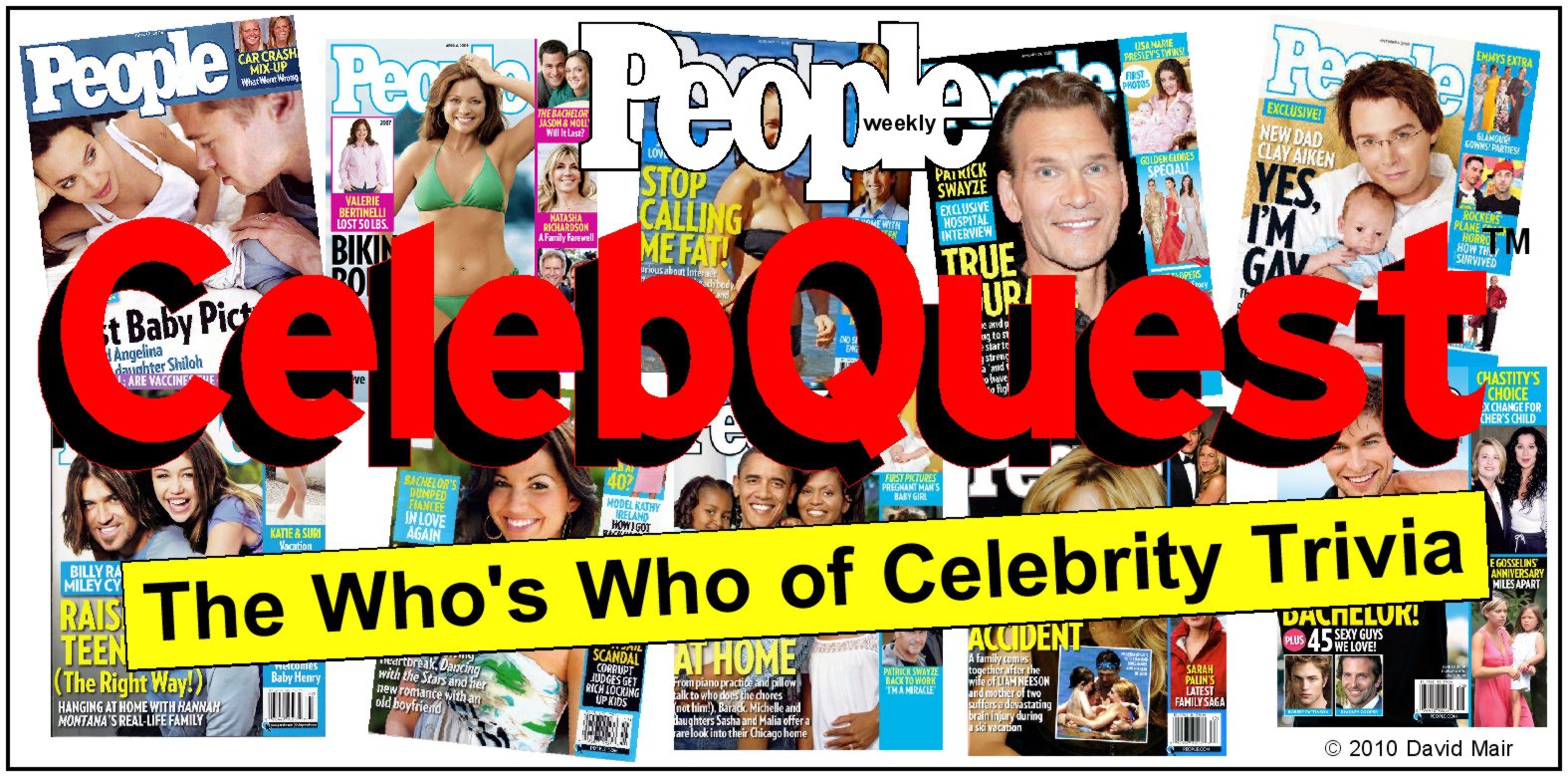 A colorful collage featuring People magazine covers and a 'WebQuest' title about celebrity trivia.
