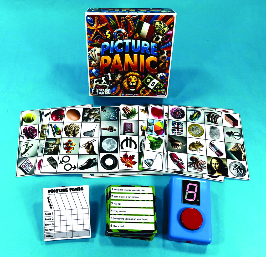 Picture Panic game with cards, timer, and buzzer.