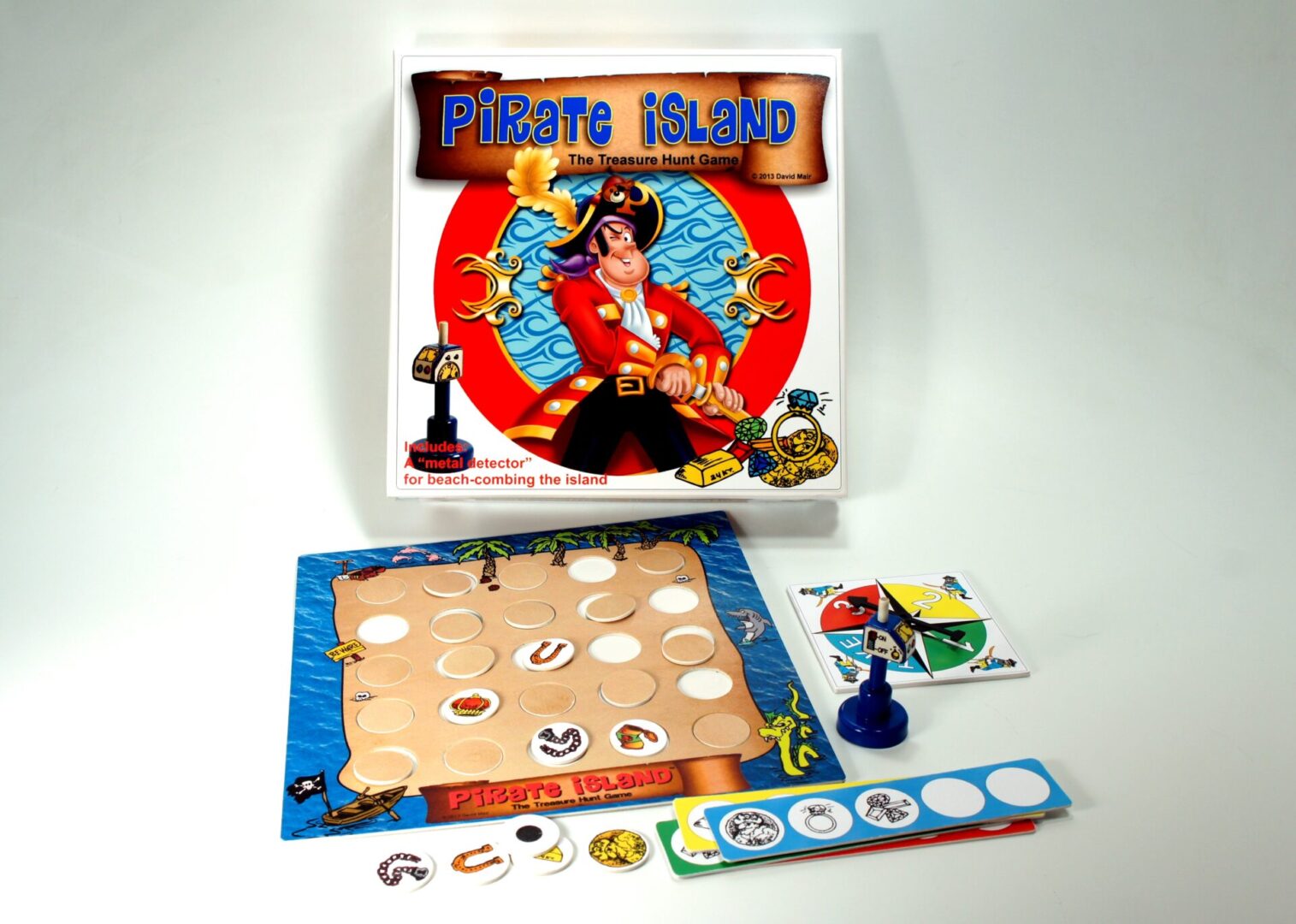 Board game setup of Pirate Island with character, map, and tokens.