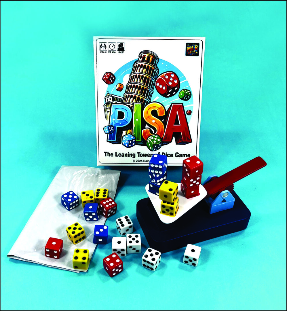 A colorful board game with dice and a box labeled "PISA."