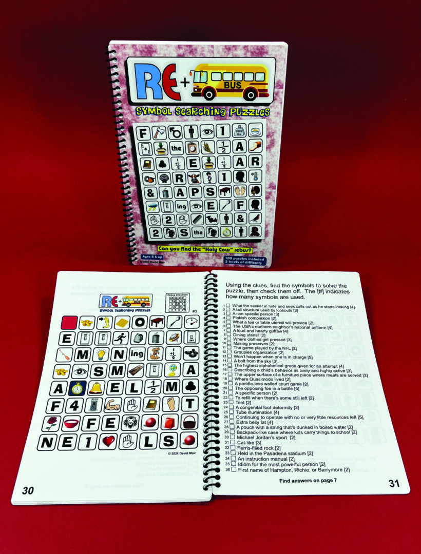 A colorful educational board game with letters and puzzles, set against a red background.