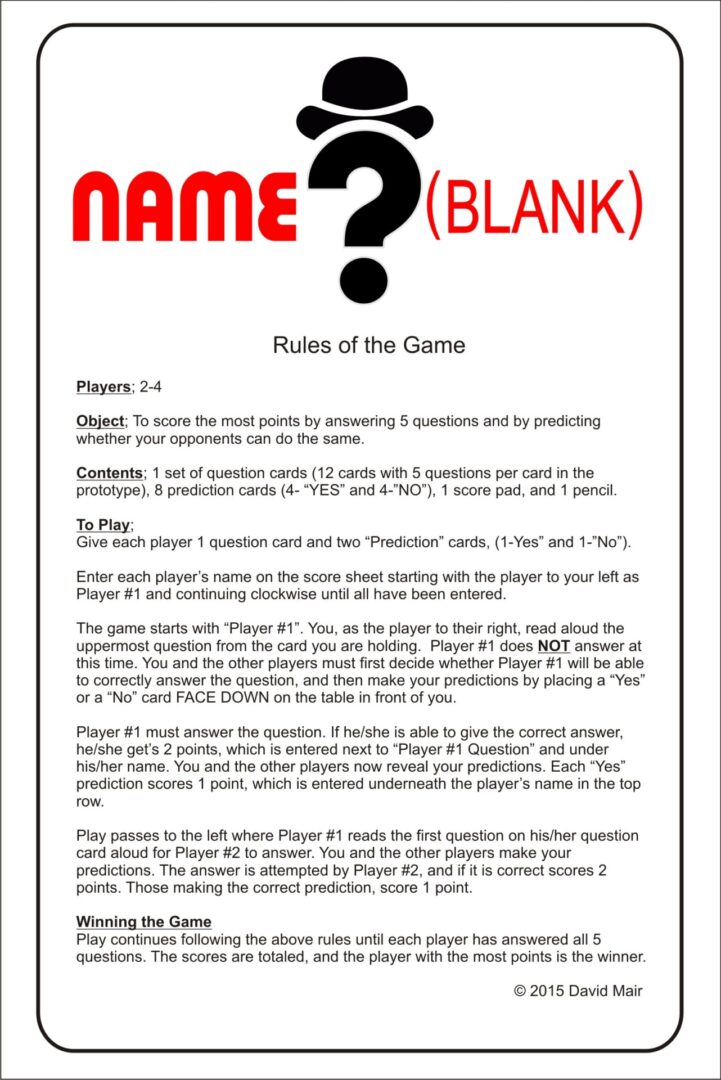 Rules for a fill-in-the-blank name game with players guessing answers.