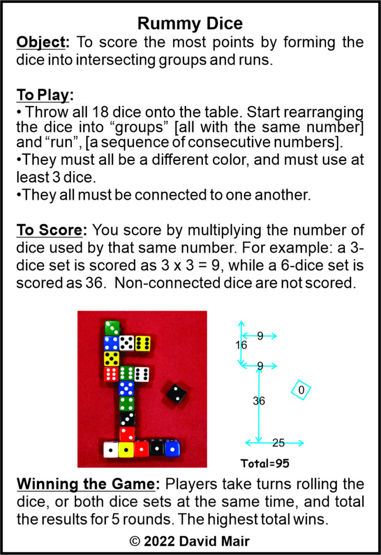 Dice game instructions with colorful dice and a game board.