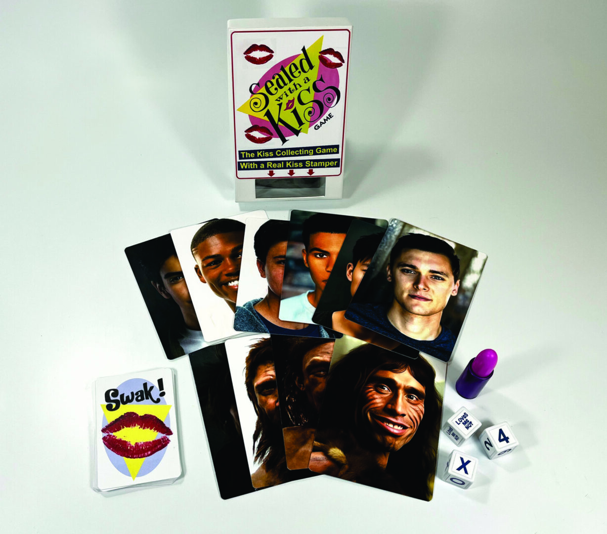 Board game with character cards and dice.