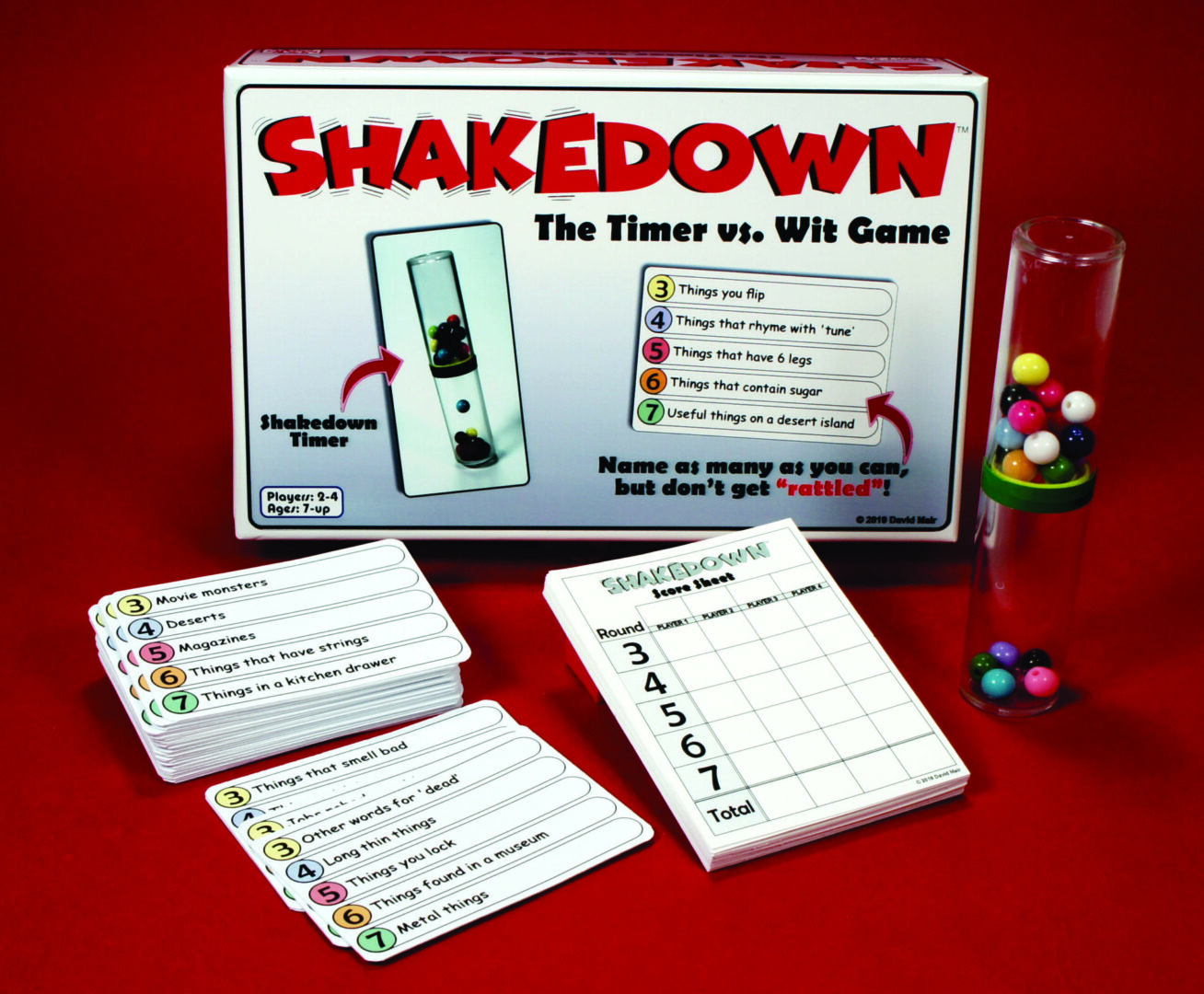 A tabletop game called Shakedown with timer and cards.