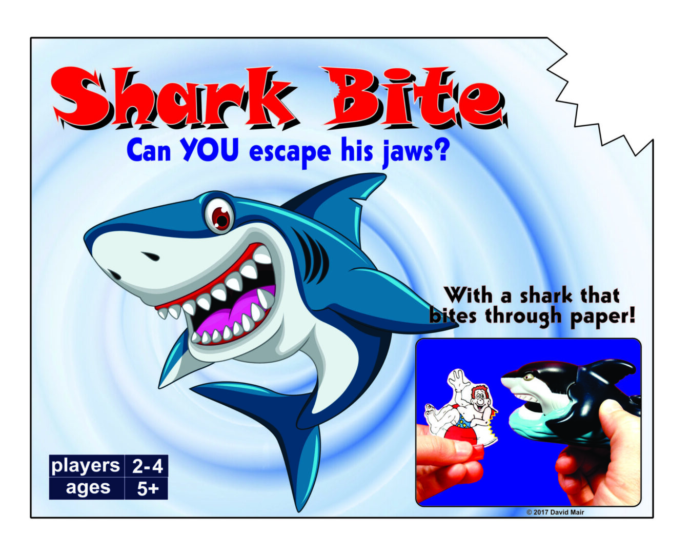 Colorful game title screen featuring a smiling shark and challenge text.