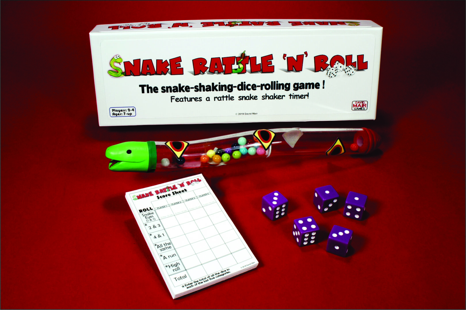 Snake Battle N' Roll dice game set with dice, snake pieces, and score pad.