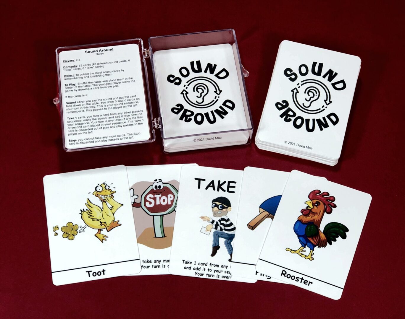 A set of Sound Round educational cards with letters and illustrated characters.