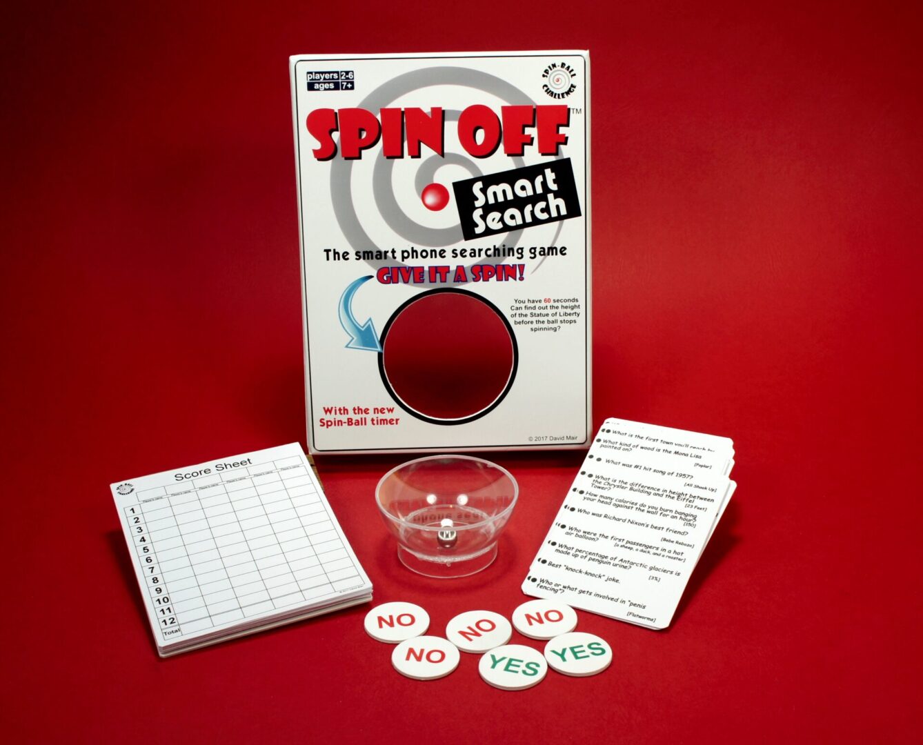 Spin Off Smart Search game components on red background.