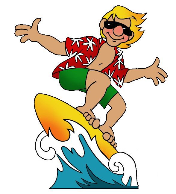 Cartoon surfer with sunglasses riding a colorful wave.