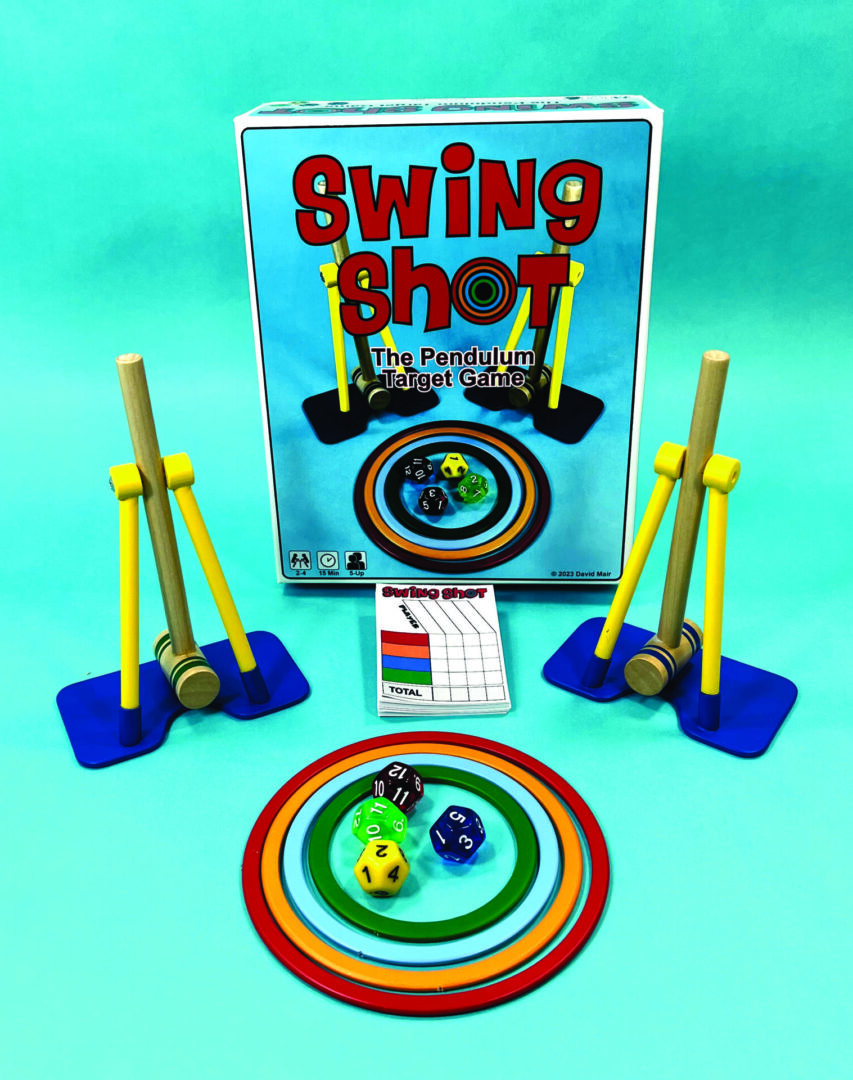 Colorful swing shot game with mallets, balls, and target rings.