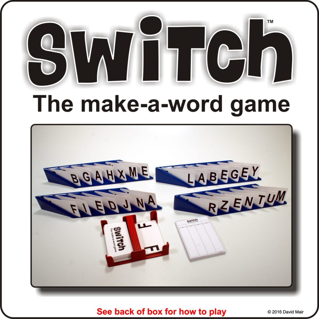 Switch board game with letter tiles for word creation.