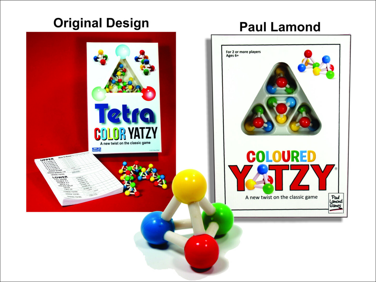 Comparison of original and redesigned Color Yahtzy game packaging with game pieces.