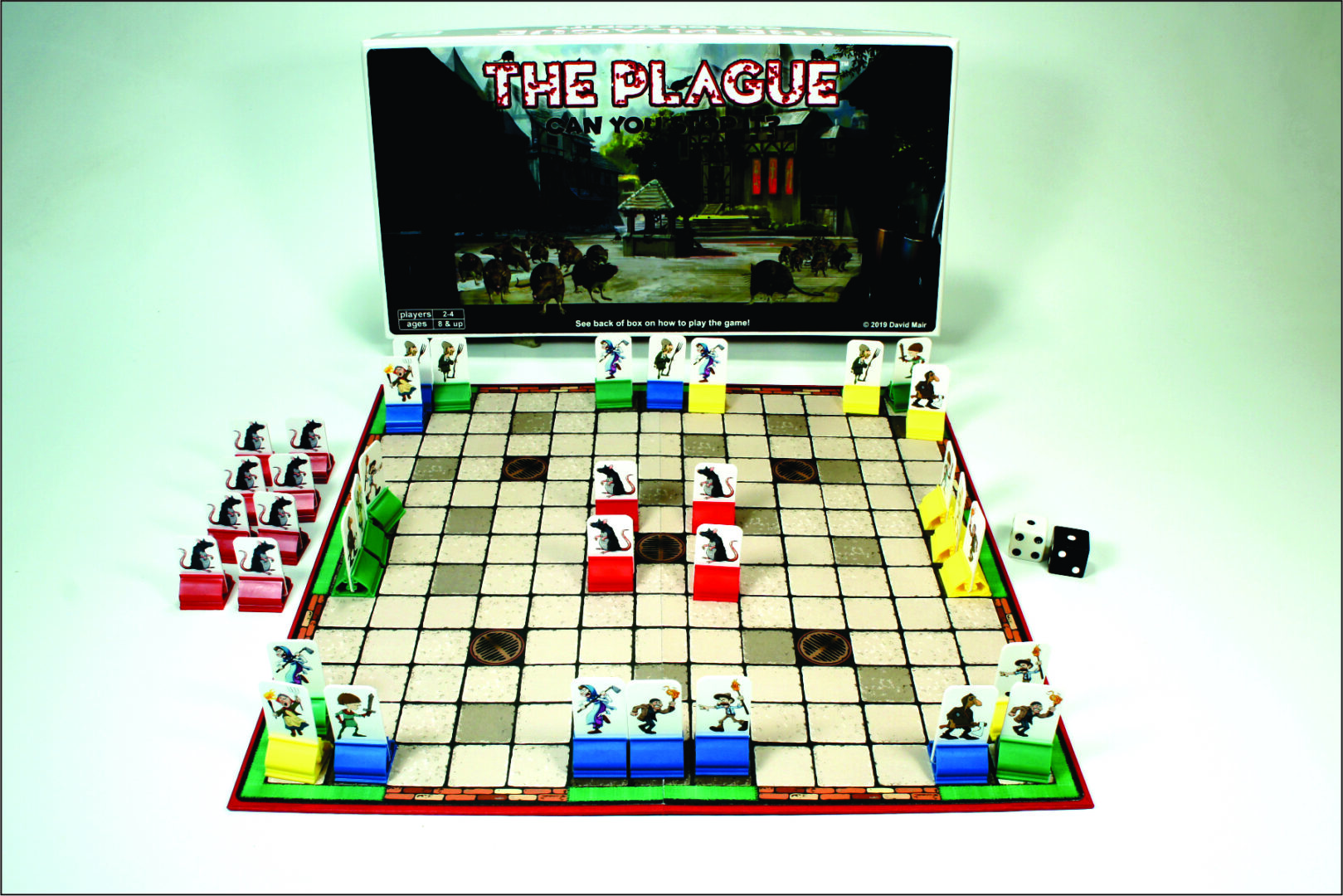 Board game 'The Plague' with colorful player pieces on a grid board.