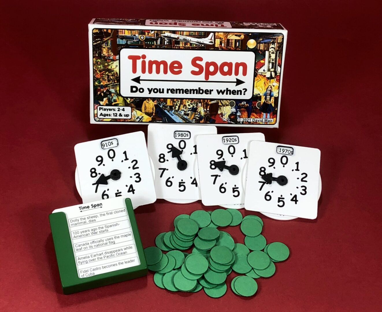 Time Span memory card game with cards and green chips.