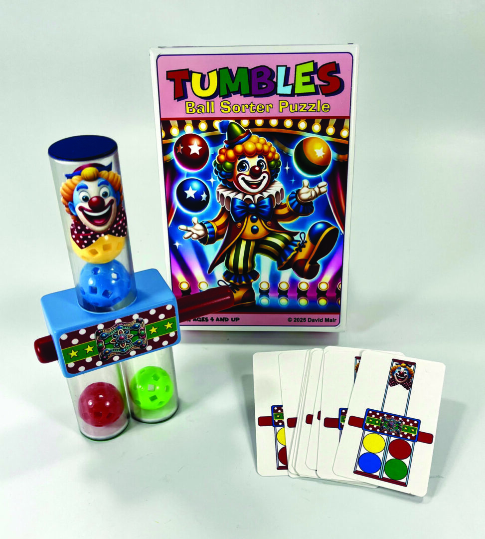 Vintage Tumbles game with clown-themed dice and colorful blocks.